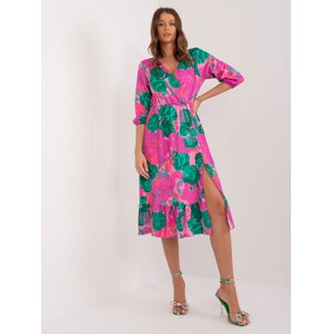Tmavoružovo-zelené kvetinové midi šaty s rozparkom -WN-SK-704-1.10X-dark pink Veľkosť: XL